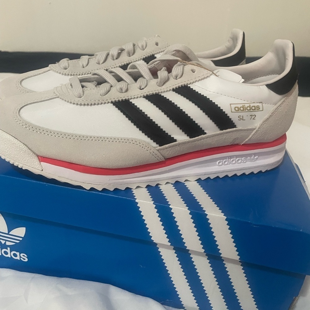 Adidas White Sneakers with Black Stripes and red Trim